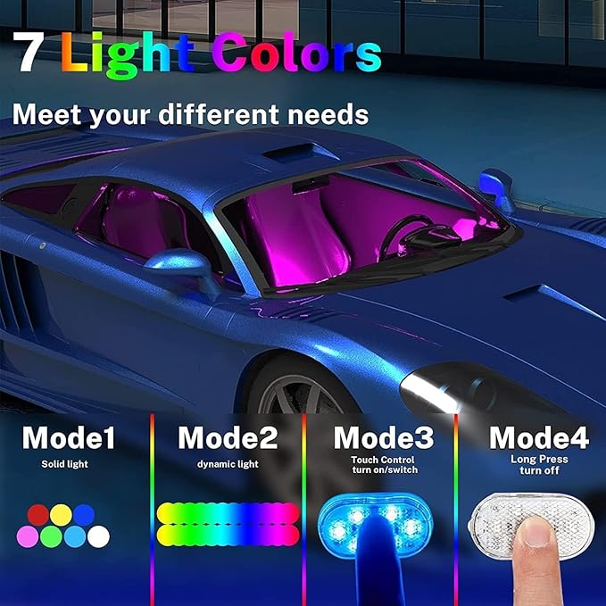 4Pcs Car LED Lights Interior Wireless, 7 Colors Interior Car Lights with 6 Bright LED Lamp Beads, Portable USB Rechargeable Car Interior Led Night Light for Car Decor