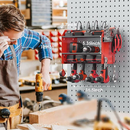 CCCEI Modular Power Tool Organizer Wall Mount with Charging Station. Garage Drill Storage Shelf with Hooks, Heavy Duty Rack, Tool Battery Holder Built in 8 Outlet. Gift for Men. Red, 1 Pack.