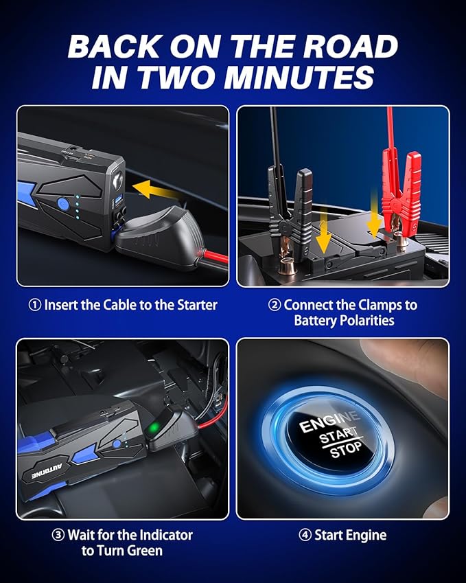 AUTOONE 6000A Car Battery Jump Starter Up to All Gas & 12L Diesel Engine, Car Battery Jumper Starter Portable 12V Jump Box with USB Output, Storage Case, LED Flashlight