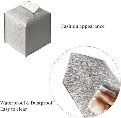REGELETO 2 Pack Grey Tissue Box Cover, Pu Leather Square Tissue Box Holder with Bottom Belt Modern Style Tissue Box Organizer for Home, Car, Hotel, Office 5"X5"X5" (Grey-2Pack)