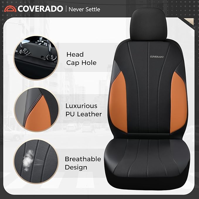 Coverado Car Seat Covers, Luxury Front Seat Covers, Leather Car Seat Protectors, Brown Automotive Seat Covers Universal Fit for SUVs Trucks Sedans