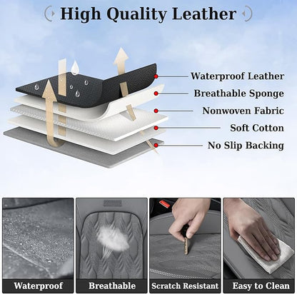 Coverado Car Seat Cover Full Set, Front and Back Seat Covers for Cars, 5 Seats Luxury Leather Seat Covers, Waterproof Car Seat Protectors, Driver Seat Cushions Fit for Most Vehicles, Gray