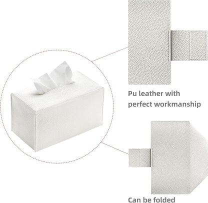 REGELETO Rectangular Tissue Box Cover, Pu Leather Rectangle Tissue Box Holder with Bottom Belt Modern Stylish Tissue Box Organizer for Home, Car, Hotel, Office 9.5"X5"X5" (Off-White)