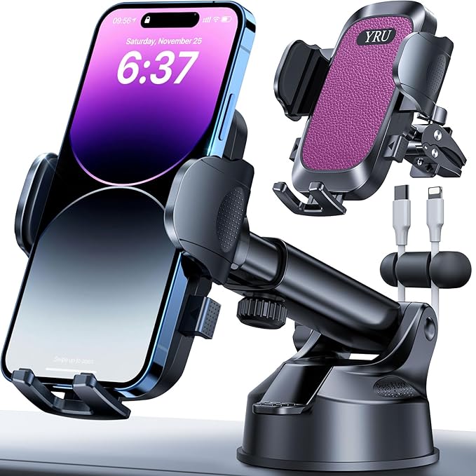 YRU [True Upgrade for Safety] Car Phone Holder Mount [Patent & Military-Grade] Dashboard Cell Phone Holder for Car Vent Windshield Phone Stand for iPhone 17 16 15 14 13 Pro Max Truck Samsung, Purple