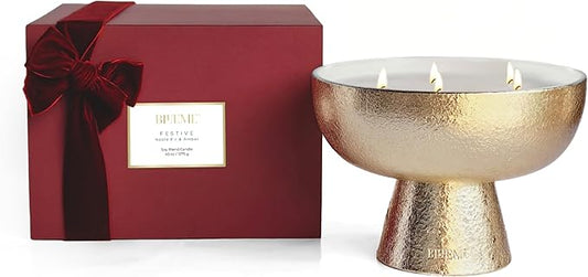 2025 Gold Holiday Candle | Festive - Noble Fir & Amber (Giant), Refillable Wellness, Essential Oil, Sustainable, Hand Finished and Poured, Premium, Luxury Ceramic, Natural Cotton Wick, Soy-Wax Blend