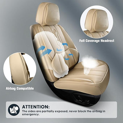 AOOG Front Seat Covers, Car Seat Covers Front Seats, Leather Seat Covers for Cars, Waterproof Seat Covers with Lumbar Support Universal Fit for Most Cars SUV Trucks(Front Pair, Beige)