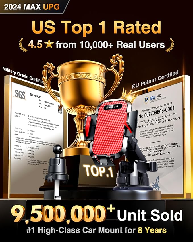 VANMASS [True Military-Grade] Car Phone Holder [Best Suction & Clip] Cell Phone Mount for Dashboard Windshield Vent Truck Cradle Dash Stand for iPhone 15 Pro Max 14 13 12 Android, Red