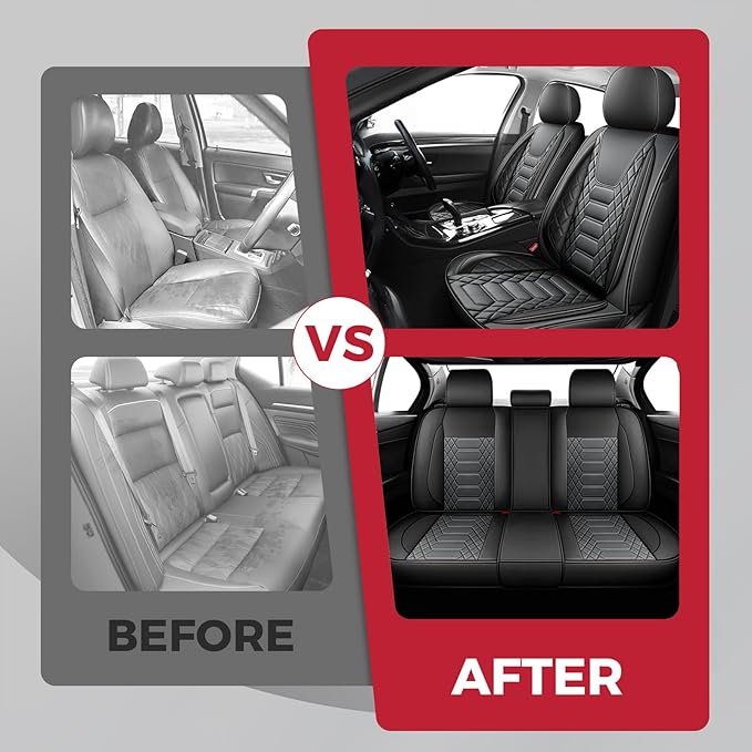 FREESOO Car Seat Covers Leather Seat Cover Full Set Automotive Seat Cover Protector Accessories Airbag Compatible Universal Fit for 5 Seats Black Grey