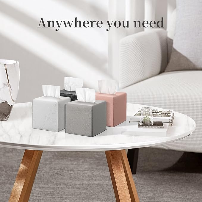 REGELETO 2 Pack Grey Tissue Box Cover, Pu Leather Square Tissue Box Holder with Bottom Belt Modern Style Tissue Box Organizer for Home, Car, Hotel, Office 5"X5"X5" (Grey-2Pack)