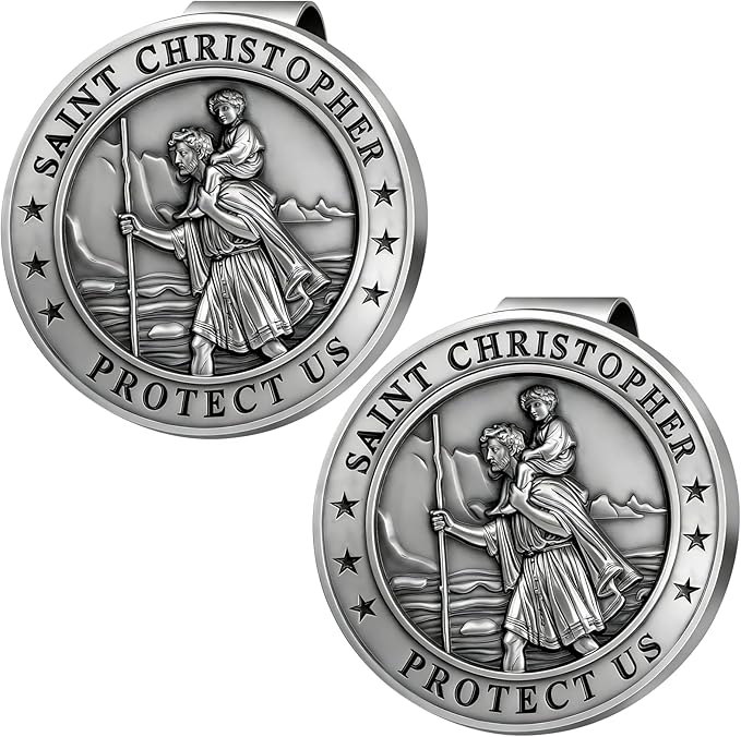 St Christopher Medal for Car 2 Pack, Metal Saint Christopher Visor Clip, Talisman for Safety, Automotive Visor Accessories, Gift for Drivers, Families, Friends