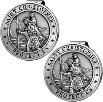 St Christopher Medal for Car 2 Pack, Metal Saint Christopher Visor Clip, Talisman for Safety, Automotive Visor Accessories, Gift for Drivers, Families, Friends