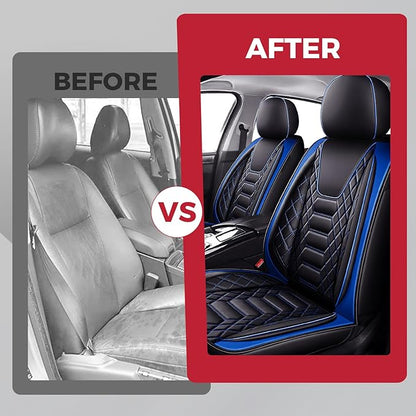 FREESOO Car Seat Covers Front Only 2pcs, Leather Driver Seat Cover Protector Airbag Compatible Universal Fit for Sedan SUV Pick-up Truck Van (Black Blue 8-2PCS)