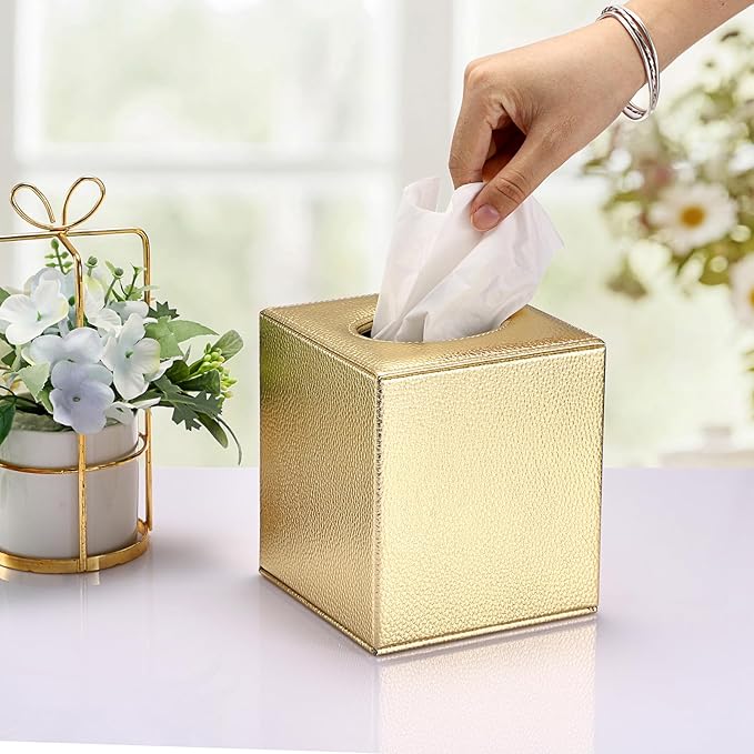 Sumnacon Tissue Box Cover Square Tissue Box Stylish PU Tissue Box Holder with Magnetic Bottom, Leather Cube Tissue Cover for Living Room Bathroom Bedroom Table Desk Home Office Car, Gold