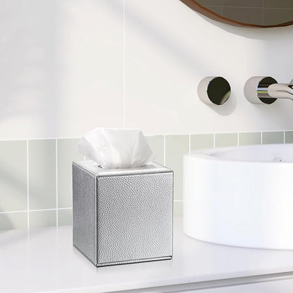 Sumnacon Tissue Box Cover Square Tissue Box Stylish PU Tissue Box Holder with Magnetic Bottom, Leather Cube Tissue Cover for Living Room Bathroom Bedroom Table Desk Home Office Car, Silver