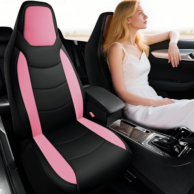 Road Comforts Car Seat Cover, Leather Seat Covers, Automotive High Back Front Car Seat Covers, Airbag Compatible, Universal Fit for Most Cars (Pink)
