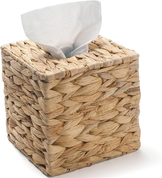 Tissue Box Cover Sqaure, Water Hyacinth Tissue Box Holder, Boho Decorative Woven Facial Tissue Holder for Bathroom, Kitchen, Living Room, Bedroom (Square)
