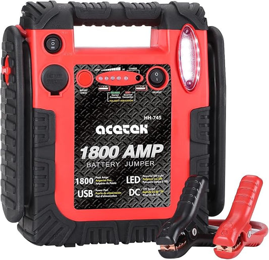 1800A Peak Car Jump Starter, 20000mAh Battery Booster for up to 6.5L Gas/5L Diesel Engines, 12V Portable Power Bank with LED Light, USB Outports, and Emergency Power Supply