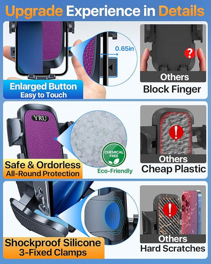 YRU [True Upgrade for Safety] Car Phone Holder Mount [Patent & Military-Grade] Dashboard Cell Phone Holder for Car Vent Windshield Phone Stand for iPhone 17 16 15 14 13 Pro Max Truck Samsung, Purple