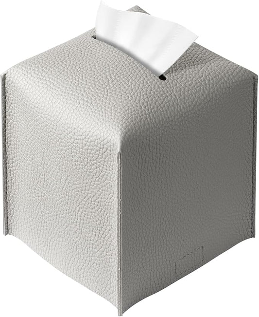 REGELETO Square Tissue Box Cover, Pu Leather Tissue Box Holder with Bottom Belt Modern Stylish Tissue Box Organizer for Bathroom, Bedroom, Hotel, Office Desk 5"X5"X5"-Grey