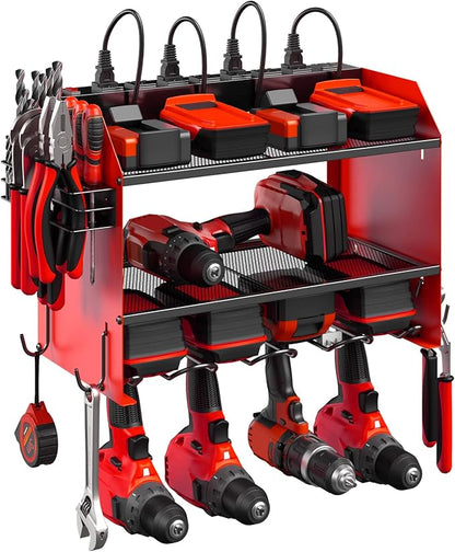 CCCEI Modular Power Tool Organizer Wall Mount with Charging Station. Garage Drill Storage Shelf with Hooks, Heavy Duty Rack, Tool Battery Holder Built in 8 Outlet. Gift for Men. Red, 2 Pack.
