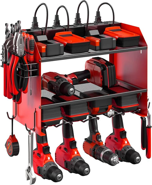 CCCEI Modular Power Tool Organizer Wall Mount with Charging Station. Garage Drill Storage Shelf with Hooks, Heavy Duty Rack, Tool Battery Holder Built in 8 Outlet. Gift for Men. Red, 1 Pack.