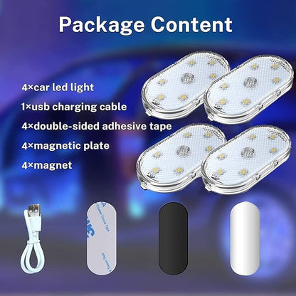 4Pcs Car LED Lights Interior Wireless, 7 Colors Interior Car Lights with 6 Bright LED Lamp Beads, Portable USB Rechargeable Car Interior Led Night Light for Car Decor