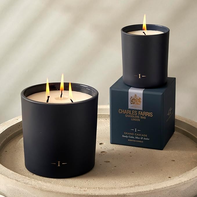 Charles Farris Luxury Scented Candle – 3 Wick, Hand-Poured, Long Lasting, Clean Burning, 640g / 22.5oz, Up to 80 Hours of Burn Time, Made in England – Smokey Cedar, Moss & Amber – Grand Cascade