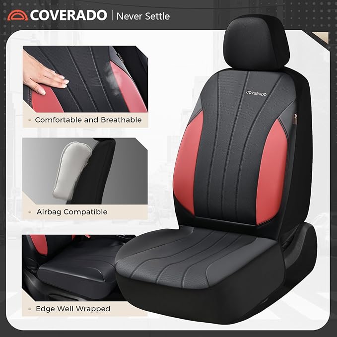 Coverado Seat Covers, Red Car Seat Covers Full Set, Automotive Seat Covers 5 Seats, Waterproof Black Car Seat Protectors Universal Fit for SUVs Trucks Sedans