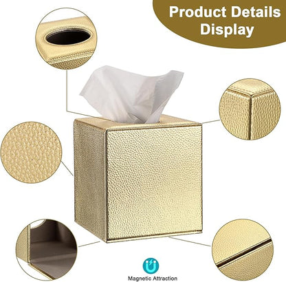 Sumnacon Tissue Box Cover Square Tissue Box Stylish PU Tissue Box Holder with Magnetic Bottom, Leather Cube Tissue Cover for Living Room Bathroom Bedroom Table Desk Home Office Car, Gold
