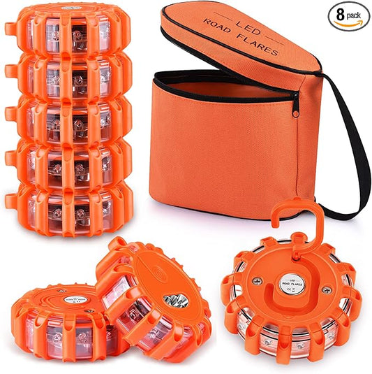 AK [8 Pack LED Road Flares Safety Flashing Warning Light Roadside Emergency Disc Beacon Kit for Vehicles Boats with Magnetic Base & Hook, Premium Storage Bag (Batteries Not Included) (8)
