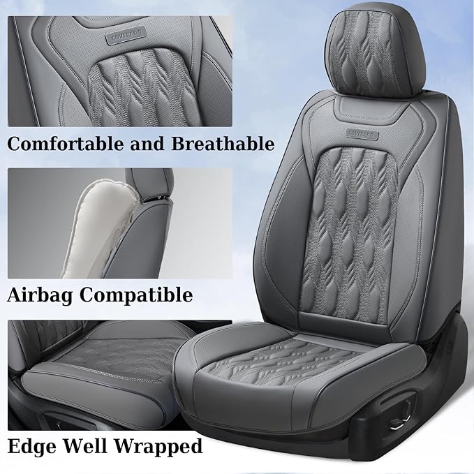 Coverado Car Seat Cover Full Set, Front and Back Seat Covers for Cars, 5 Seats Luxury Leather Seat Covers, Waterproof Car Seat Protectors, Driver Seat Cushions Fit for Most Vehicles, Gray