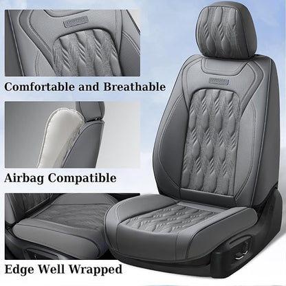 Coverado Car Seat Cover Full Set, Front and Back Seat Covers for Cars, 5 Seats Luxury Leather Seat Covers, Waterproof Car Seat Protectors, Driver Seat Cushions Fit for Most Vehicles, Gray