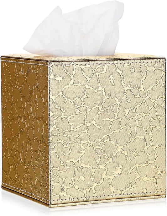 Sumnacon Square Leather Tissue Box Cover - Stylish Cube Tissue Box Holder with Magnetic Bottom, Decorative PU Tissue Box for Vanity Dresser Night Stand Table Countertop Home Office Car, Gold