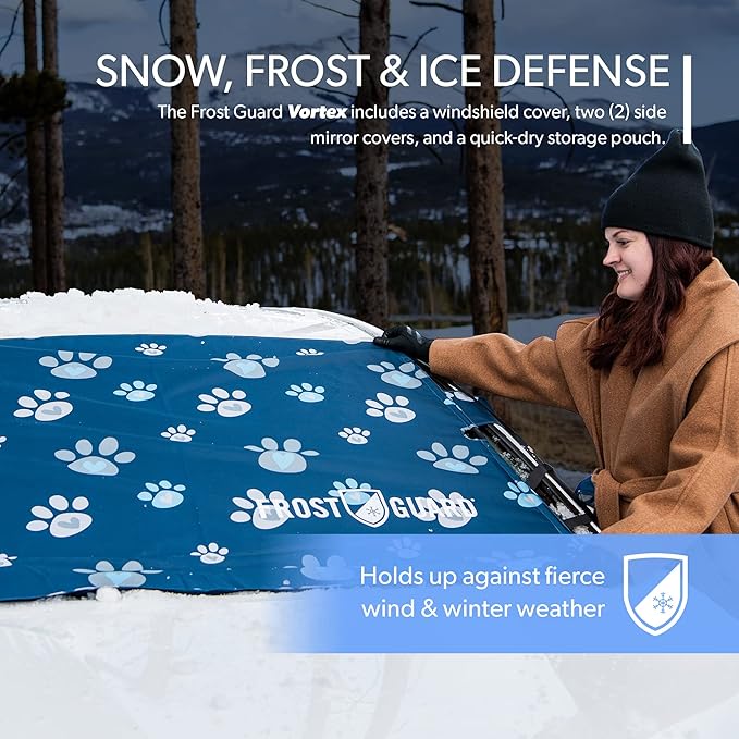 FrostGuard Vortex | Full-Coverage Car Windshield Cover for Ice and Snow, Standard Size (Puppy Paws) - Wiper Blade + Side Mirror Covers - Fit-Fast Straps, Security Panels + Storage Pouch - 59x41 Inches