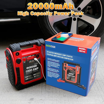 1800 Amp Jump Starter with Air Compressor, acetek Car Battery Jump Starter 260 PSI Tire Inflator, 20000mAh 12V Auto Lead-Acid Battery Booster (Up to 6L Gas or 6L Diesel Engine) with LED Light & USB
