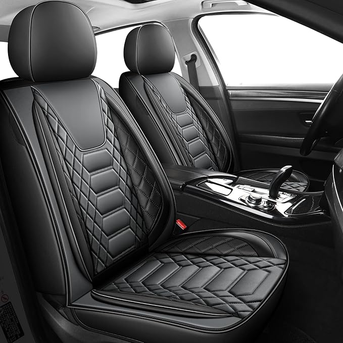 FREESOO Car Seat Covers Front Only 2pcs, Leather Driver Seat Cover Protector Airbag Compatible Universal Fit for Sedan SUV Pick-up Truck Van (Black Grey 8-2PCS)