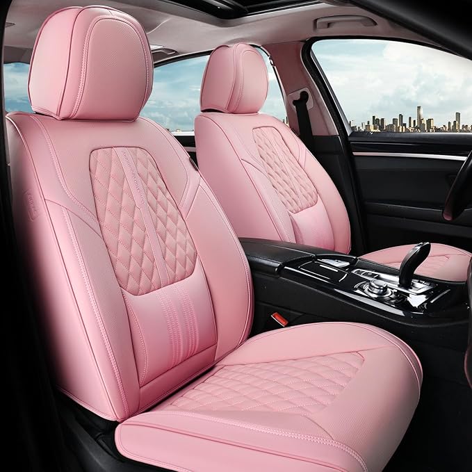 Coverado Seat Covers, Car Front Seat Covers with Backrest, Nappa Leather Car Seat Protectors,Waterproof &Breathable,Anti-Slip Automotive Seat Cushion, Universal Fit for Most Vehicles Pink
