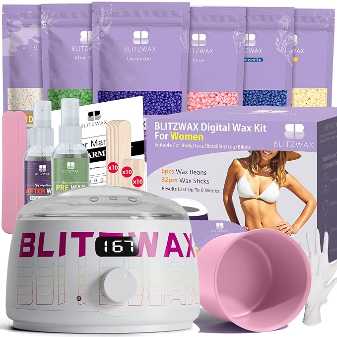 BLITZWAX Brazilian and Bikini Waxing Kit for Women, Hard Wax Warmer for Face, Legs, and Body, At Home Hair Removal Kit, Beginner Friendly, Quick Heating, Frost Reverb Digital Wax Pot
