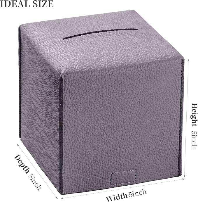 REGELETO Square Tissue Box Cover, Pu Leather Tissue Box Holder with Bottom Belt Modern Stylish Tissue Box Organizer for Bathroom, Bedroom, Hotel, Office Desk 5"X5"X5"