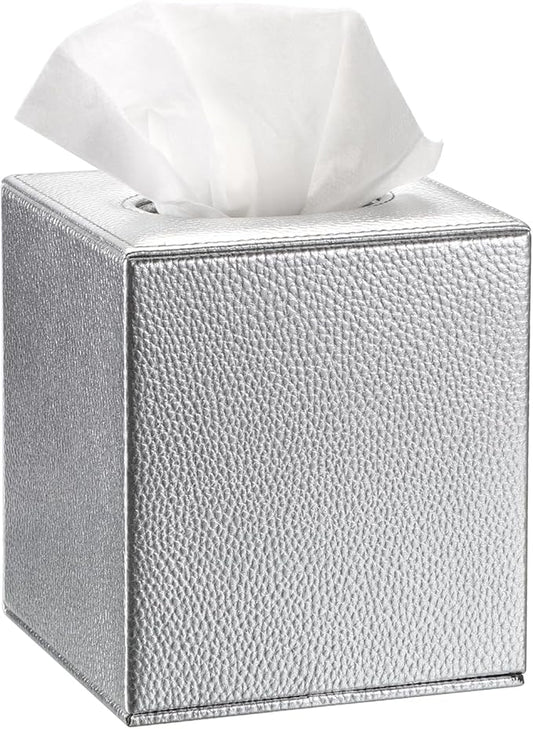 Sumnacon Tissue Box Cover Square Tissue Box Stylish PU Tissue Box Holder with Magnetic Bottom, Leather Cube Tissue Cover for Living Room Bathroom Bedroom Table Desk Home Office Car, Silver