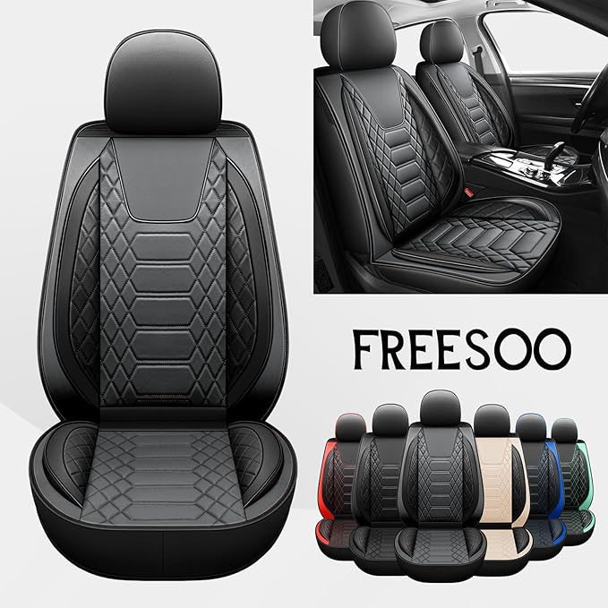 FREESOO Car Seat Covers Front Only 2pcs, Leather Driver Seat Cover Protector Airbag Compatible Universal Fit for Sedan SUV Pick-up Truck Van (Black Grey 8-2PCS)
