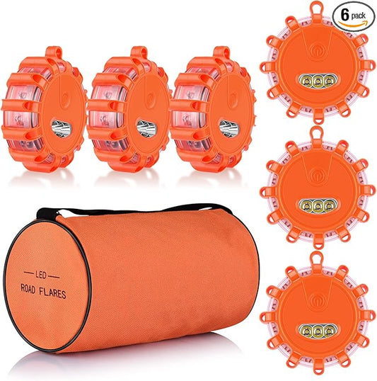 AK [6 Pack LED Road Flares Safety Flashing Warning Light Roadside Emergency Disc Beacon Kit for Vehicles Boats with Magnetic Base & Hook, Premium Storage Bag (Batteries Not Included) (6)