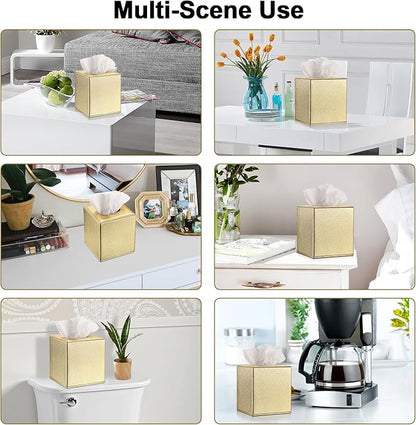 Sumnacon Tissue Box Cover Square Tissue Box Stylish PU Tissue Box Holder with Magnetic Bottom, Leather Cube Tissue Cover for Living Room Bathroom Bedroom Table Desk Home Office Car, Gold