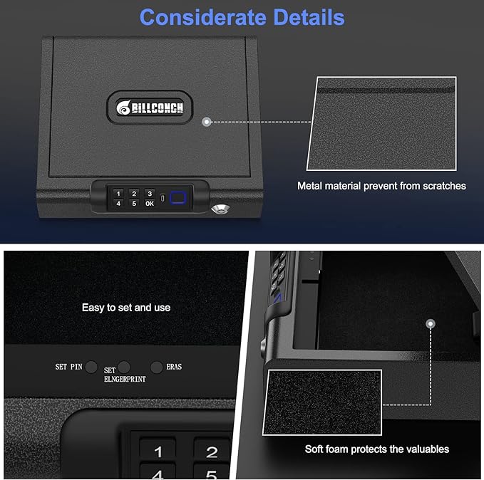 Gun Safe,Biometric Gun Safe for Pistols 3-Ways unlock Fingerprint Digital PIN Key Unlock with Sound, Lock box for Cloakroom living room Bedroom Nightstand and Car BILLCONCH