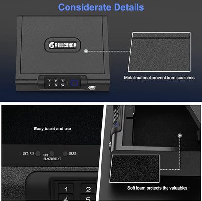 Gun Safe,Biometric Gun Safe for Pistols 3-Ways unlock Fingerprint Digital PIN Key Unlock with Sound, Lock box for Cloakroom living room Bedroom Nightstand and Car BILLCONCH