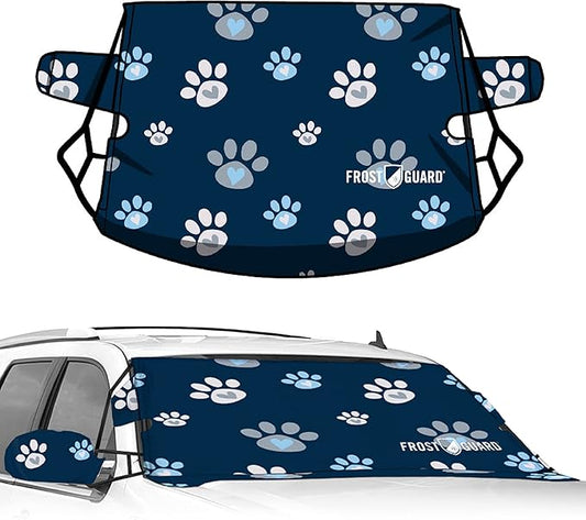 FrostGuard Vortex | Full-Coverage Car Windshield Cover for Ice and Snow, XL Size (Puppy Paws) - Wiper Blade + Side Mirror Covers - Fit-Fast Straps, Security Panels + Storage Pouch - for Trucks, SUVs