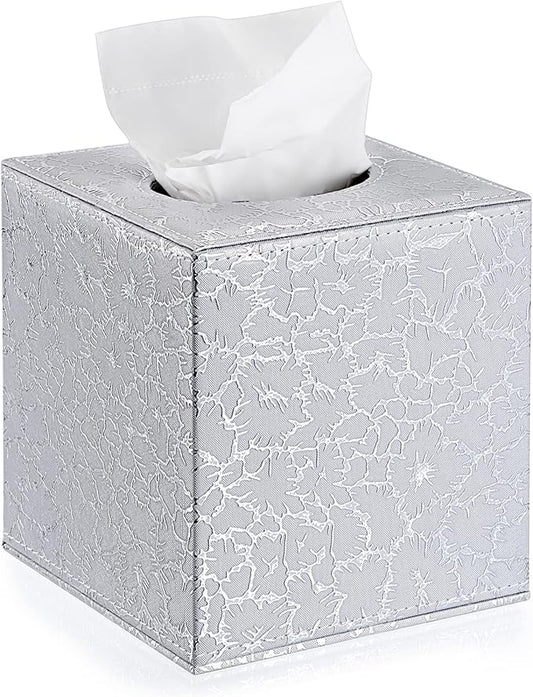 Sumnacon Square Leather Tissue Box Cover - Stylish Cube Tissue Box Holder with Magnetic Bottom, Decorative PU Tissue Box for Vanity Dresser Night Stand Table Countertop Home Office Car, Silver