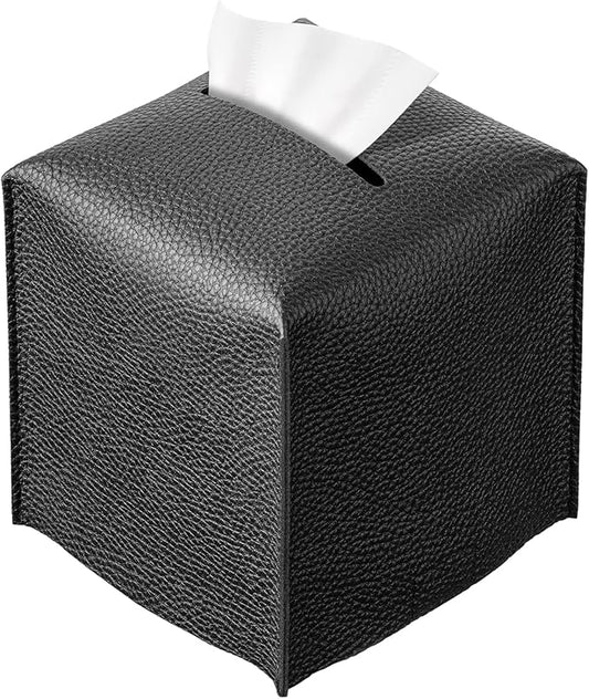 REGELETO Square Tissue Box Cover, Pu Leather Tissue Box Holder with Bottom Belt Modern Stylish Tissue Box Organizer for Bathroom, Bedroom, Hotel, Office Desk 5"X5"X5" (Black)