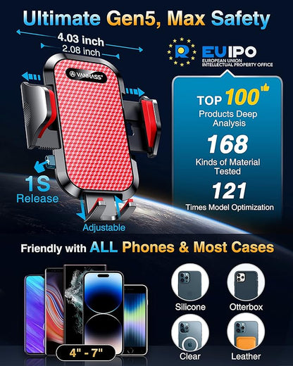 VANMASS [True Military-Grade] Car Phone Holder [Best Suction & Clip] Cell Phone Mount for Dashboard Windshield Vent Truck Cradle Dash Stand for iPhone 15 Pro Max 14 13 12 Android, Red