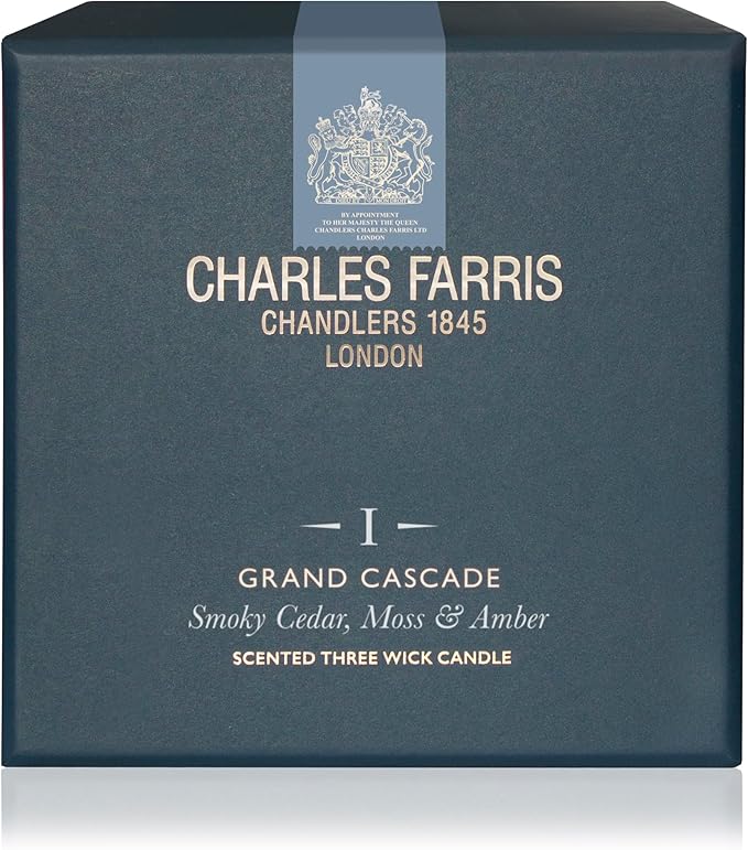Charles Farris Luxury Scented Candle – 3 Wick, Hand-Poured, Long Lasting, Clean Burning, 640g / 22.5oz, Up to 80 Hours of Burn Time, Made in England – Smokey Cedar, Moss & Amber – Grand Cascade